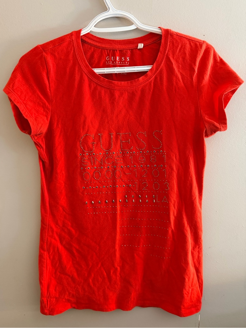 Guess Rhinstone Stud t shirt top red y2k